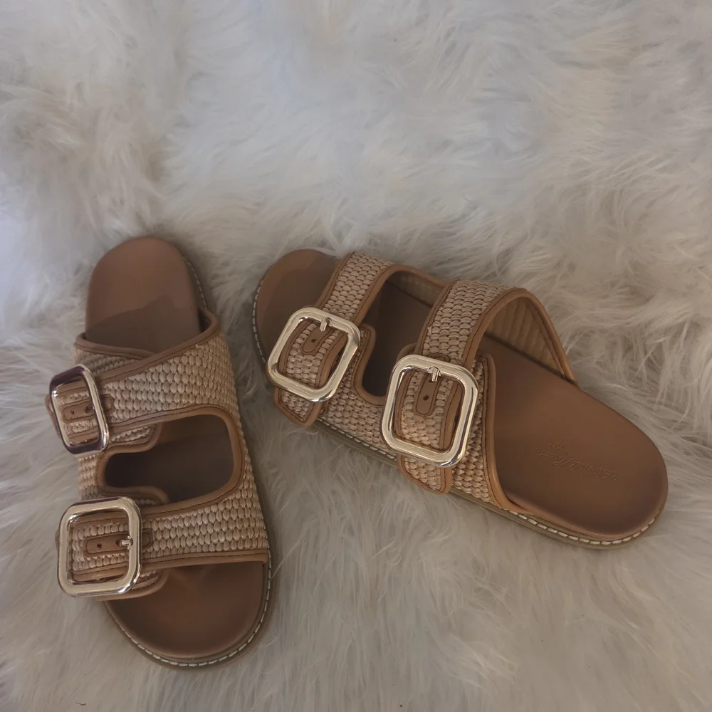 Universal Thread Boho Woven Raffia Buckle Slides | Natural & Cognac | Size 8.5 - Picture 3 of 8